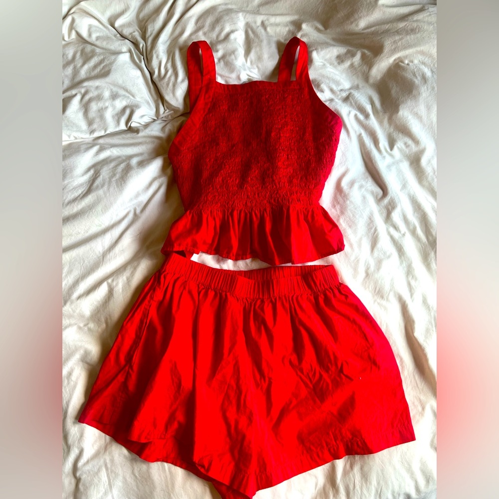 Red shirred top and wide shorts coord set- Free People